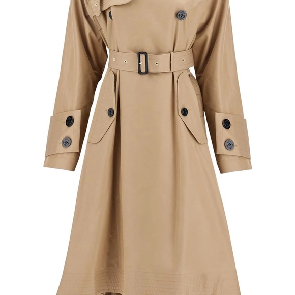 FW24 Sacai Windowpane Gabardine Cotton & Wool Double Breasted Khaki Trench Coat - Picture 5 of 7